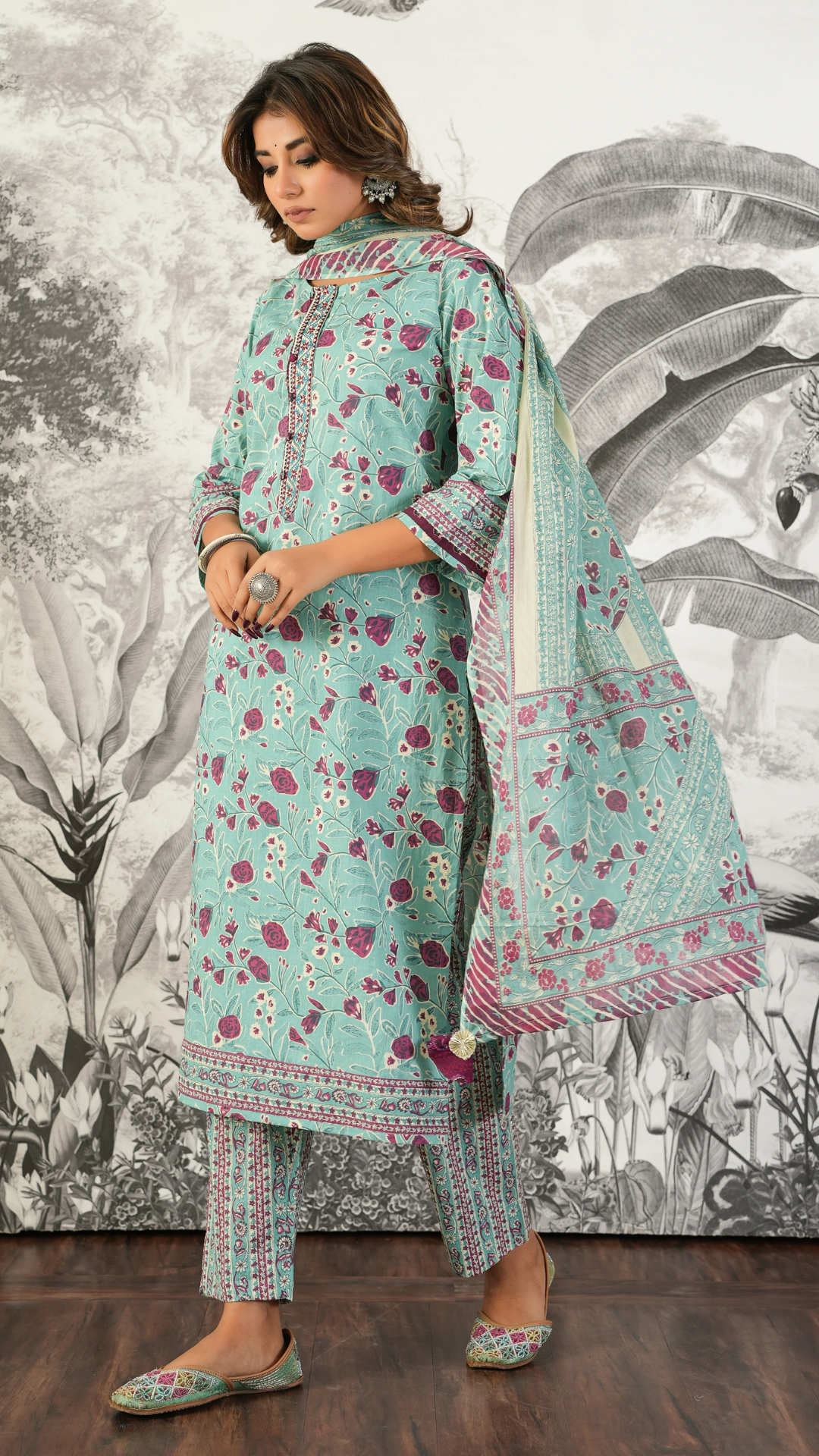 Ira Dusty Teal Floral Printed Cambric Cotton Kurta Set