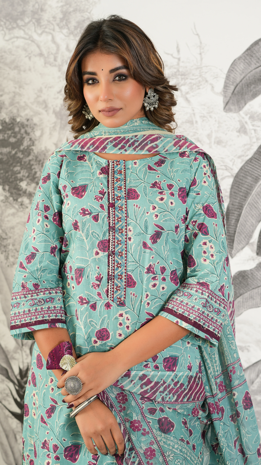 Ira Dusty Teal Floral Printed Cambric Cotton Kurta Set