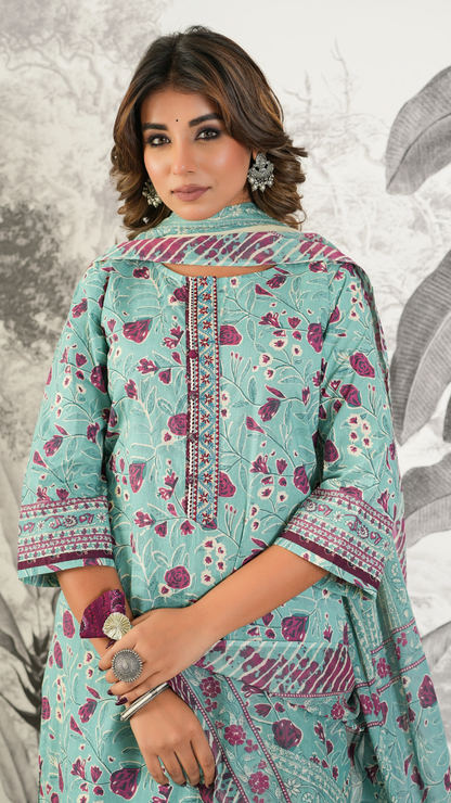 Ira Dusty Teal Floral Printed Cambric Cotton Kurta Set