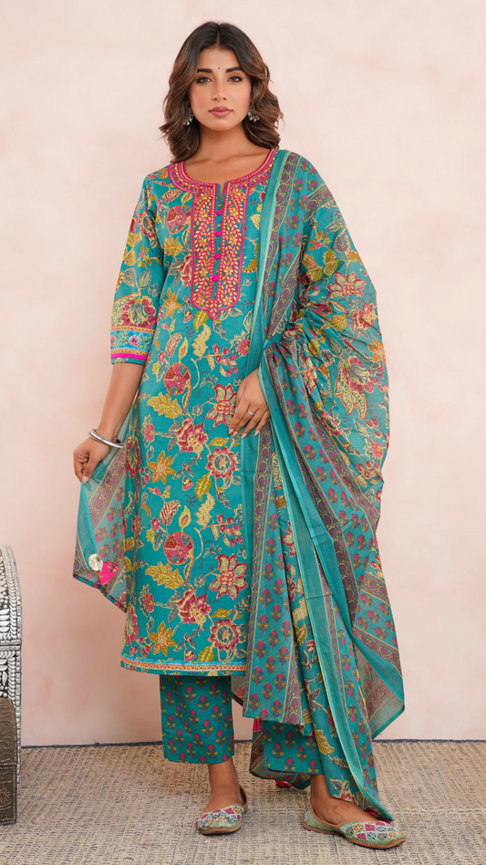 Gulbagh Teal Screen-Printed Cambric Cotton Kurta Set