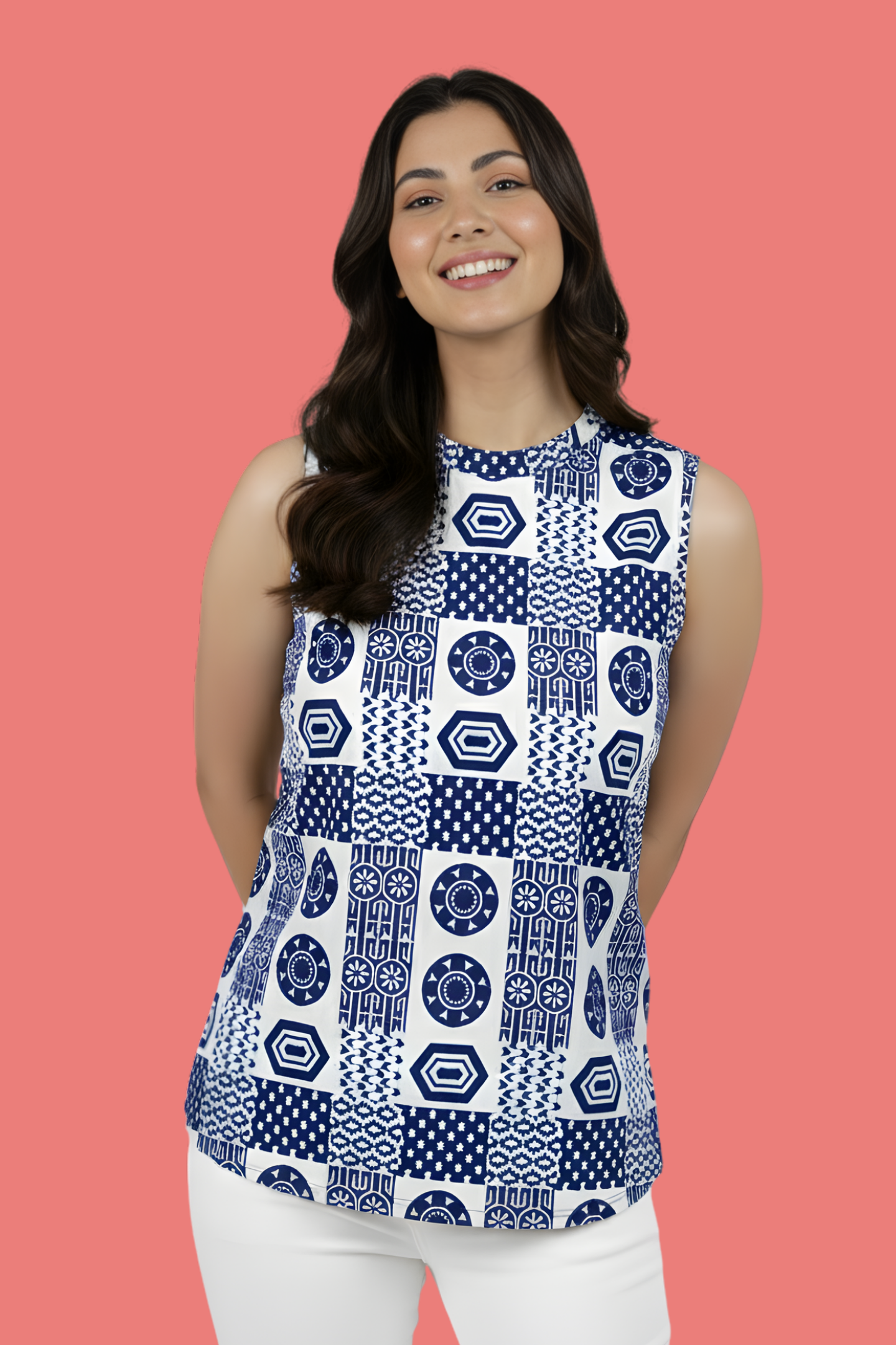 Indigo Mosaic Block Print Cotton Straight-Cut Top with Bandh-Gala Collar