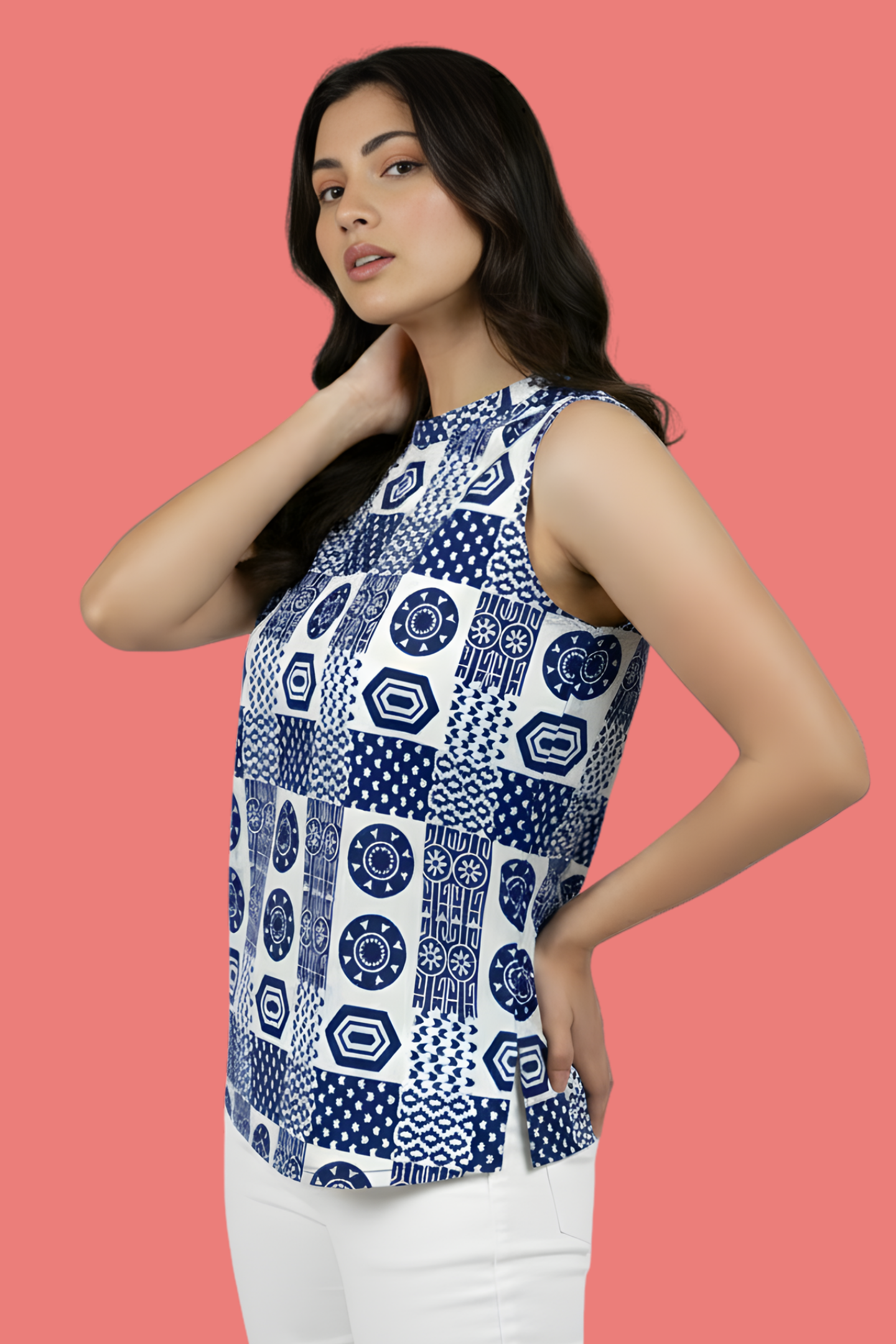 Indigo Mosaic Block Print Cotton Straight-Cut Top with Bandh-Gala Collar