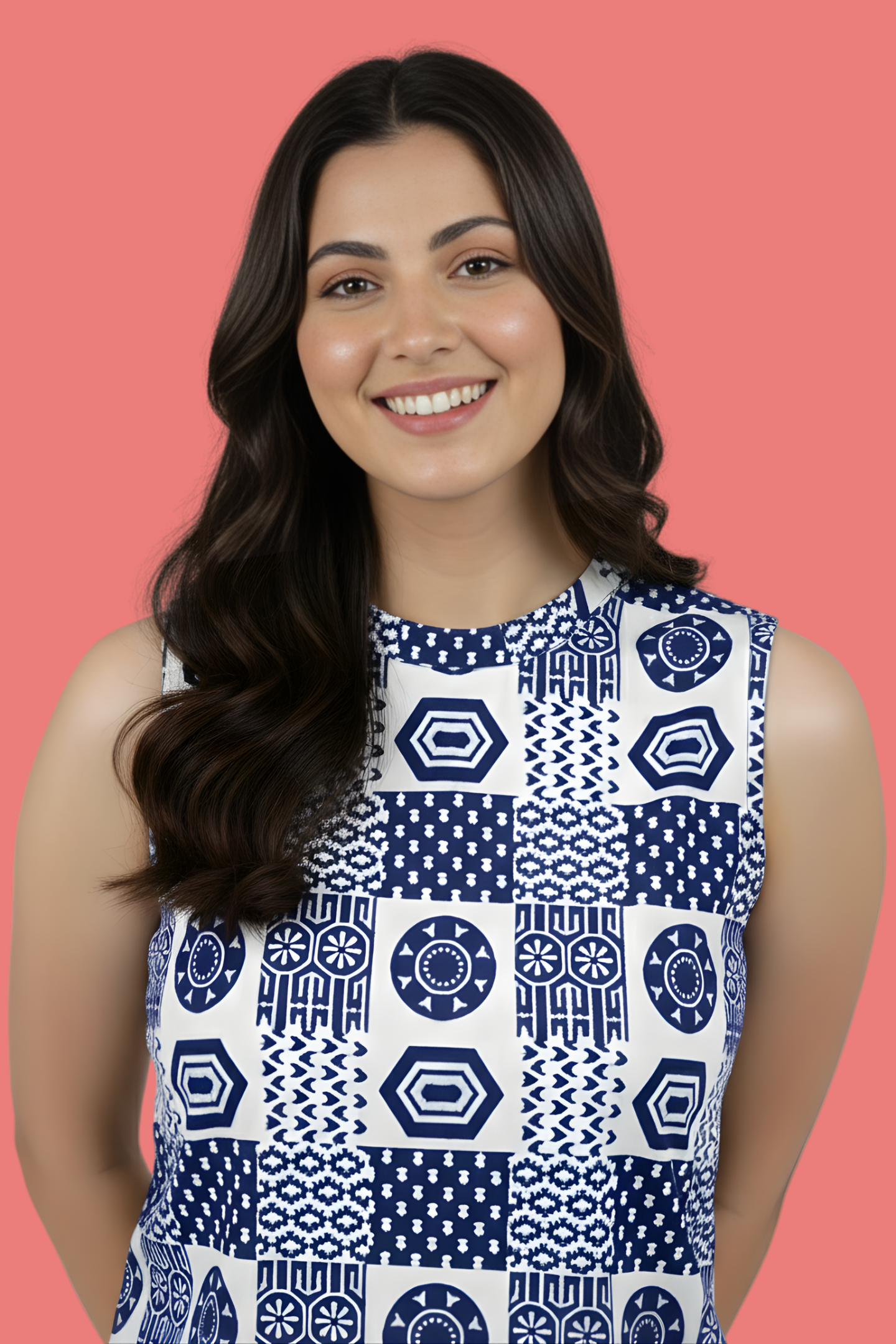 Indigo Mosaic Block Print Cotton Straight-Cut Top with Bandh-Gala Collar