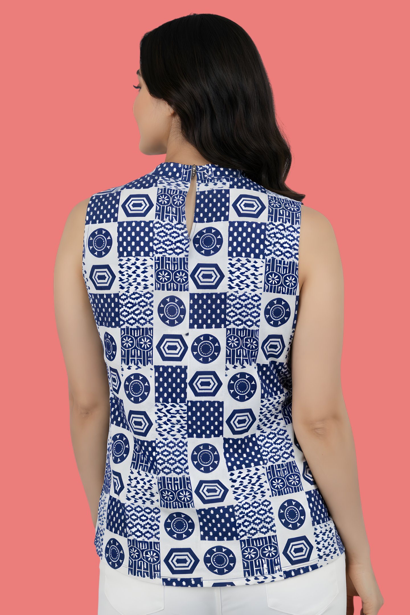 Indigo Mosaic Block Print Cotton Straight-Cut Top with Bandh-Gala Collar