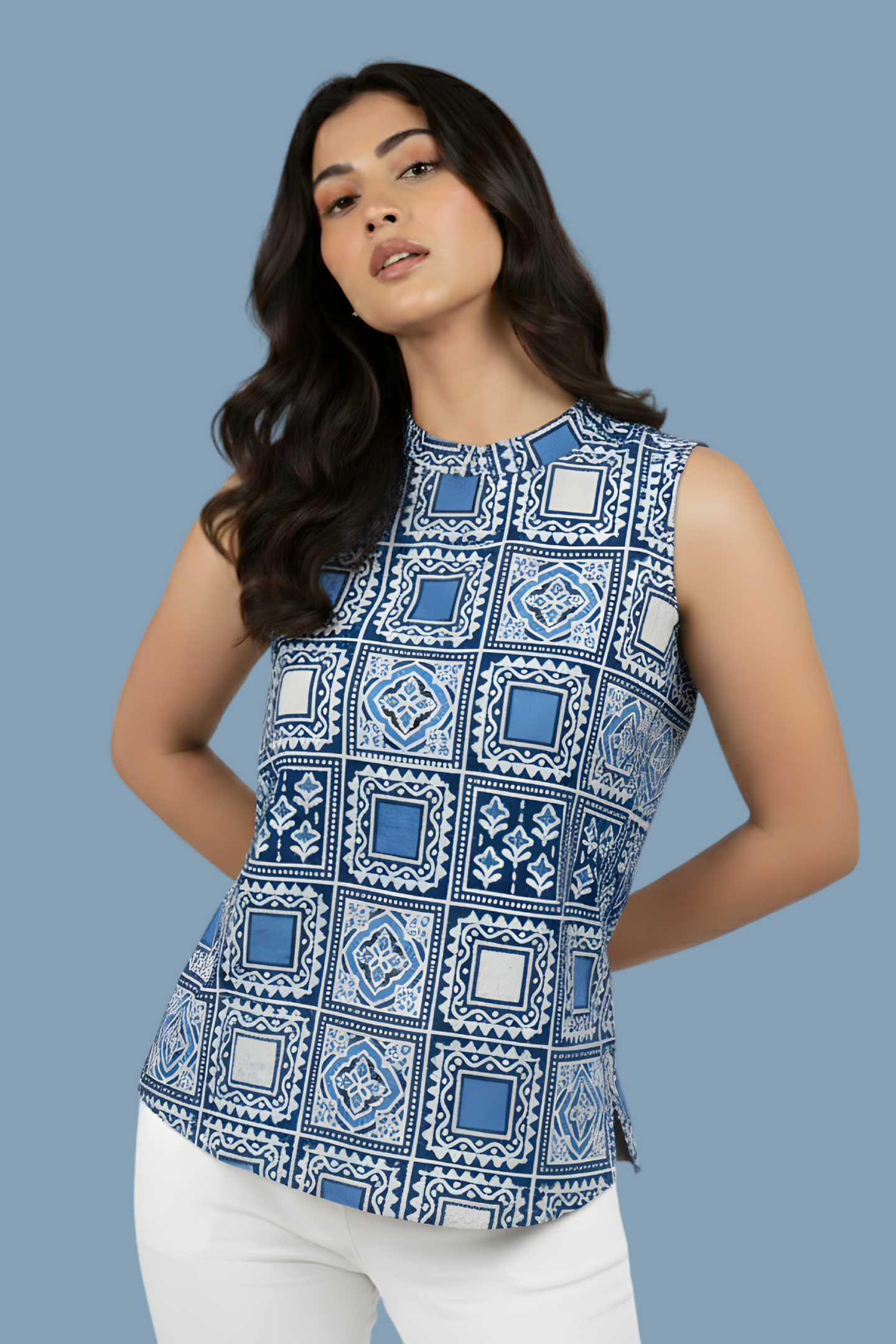 Indigo Tile Mosaic Block Print Cotton Straight-Cut Top with Bandh-Gala Collar