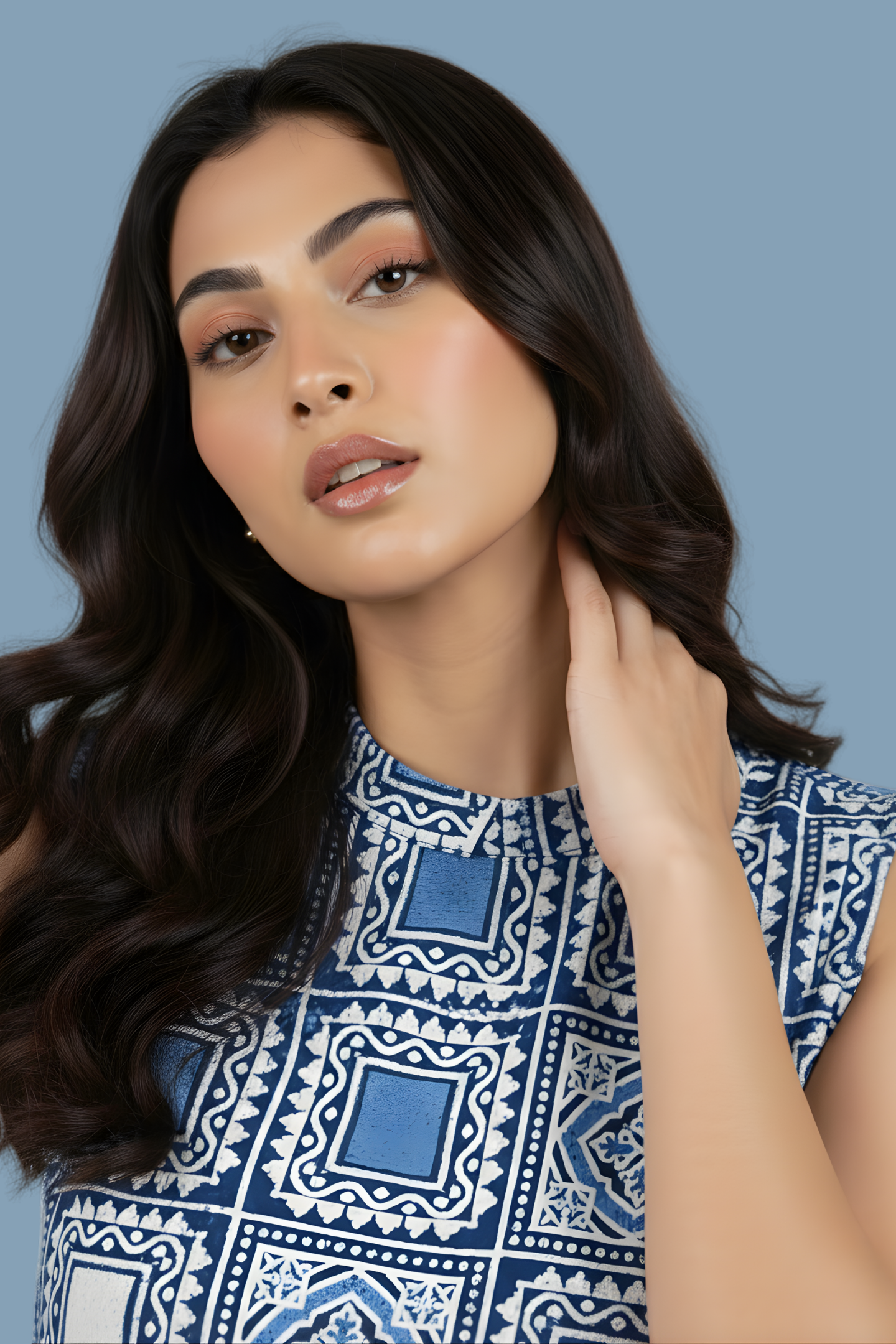 Indigo Tile Mosaic Block Print Cotton Straight-Cut Top with Bandh-Gala Collar