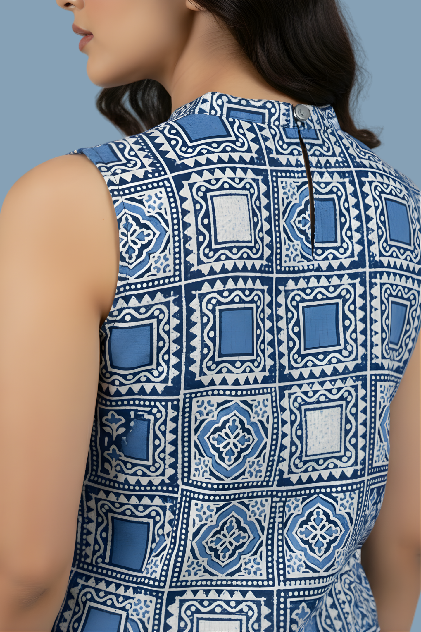 Indigo Tile Mosaic Block Print Cotton Straight-Cut Top with Bandh-Gala Collar