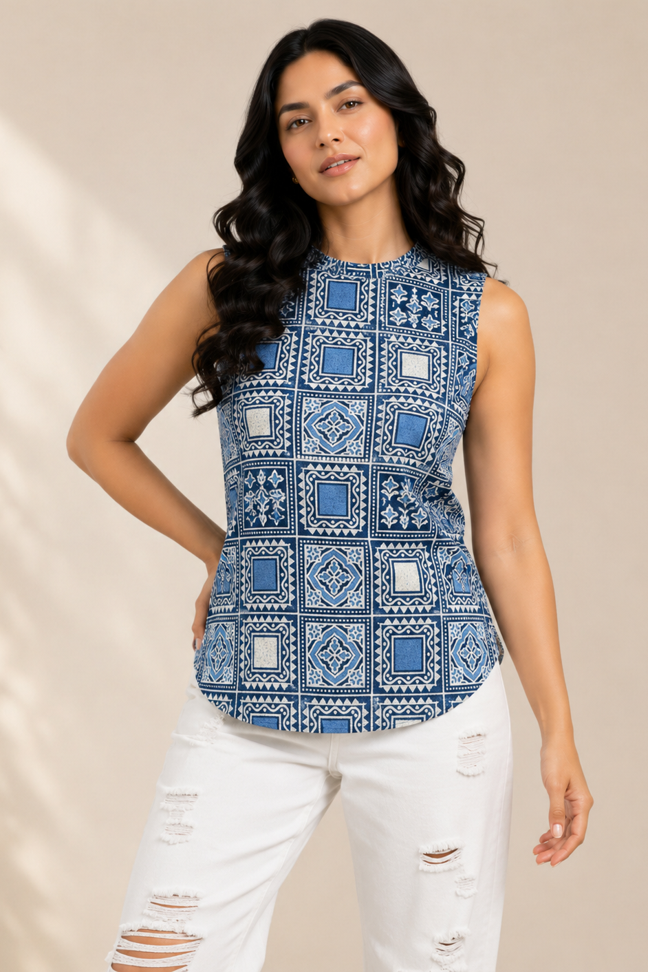 Indigo Block Print Cotton Top