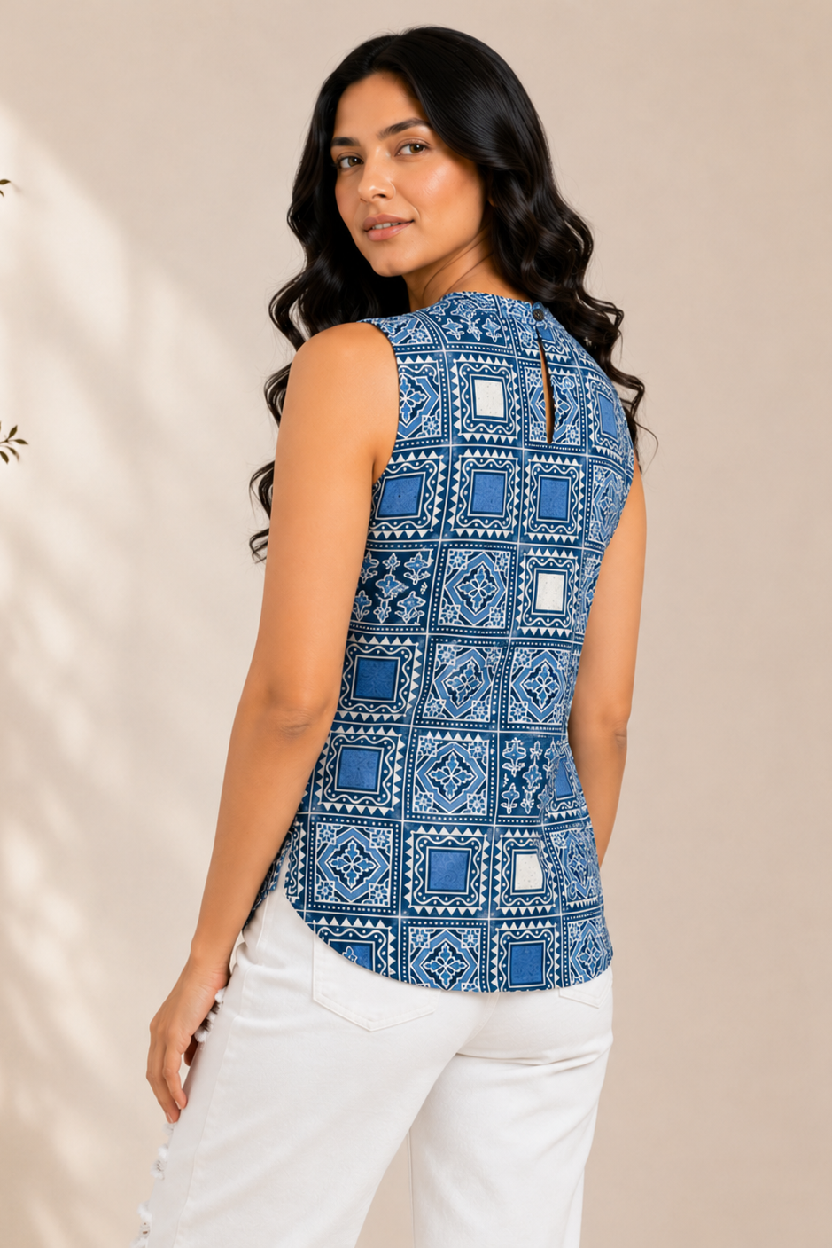 Indigo Block Print Cotton Top