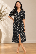 Black Pure Cotton Printed Midi Dress