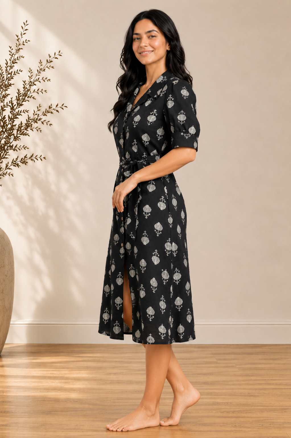 Black Pure Cotton Printed Midi Dress