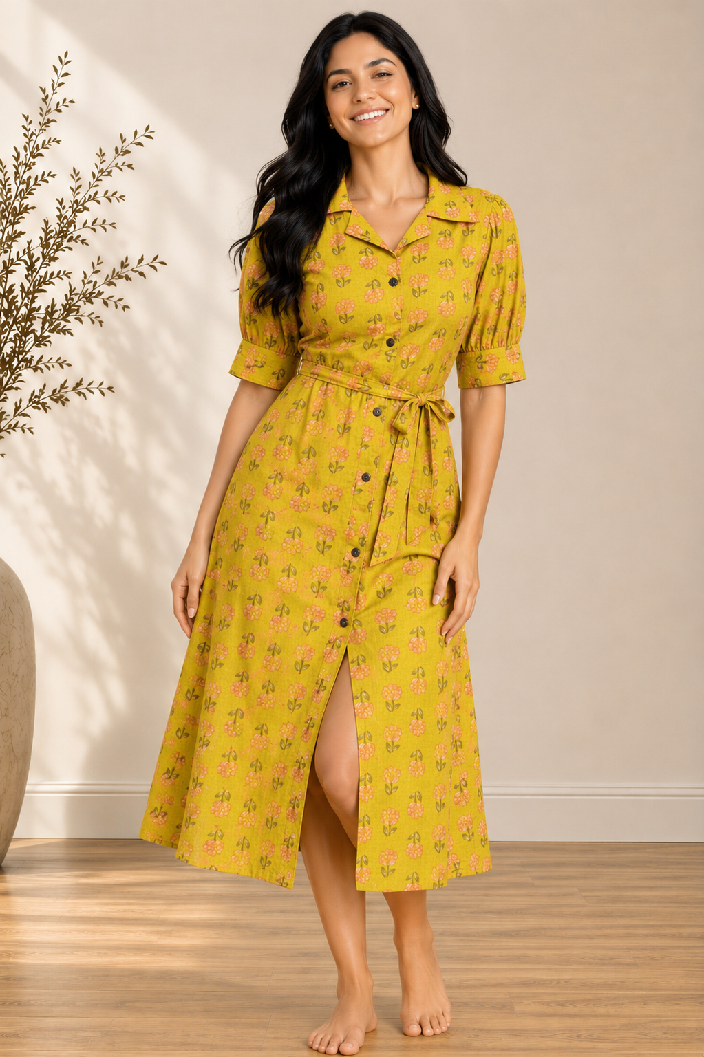 Yellow Block Print Cotton A-Line Midi Dress