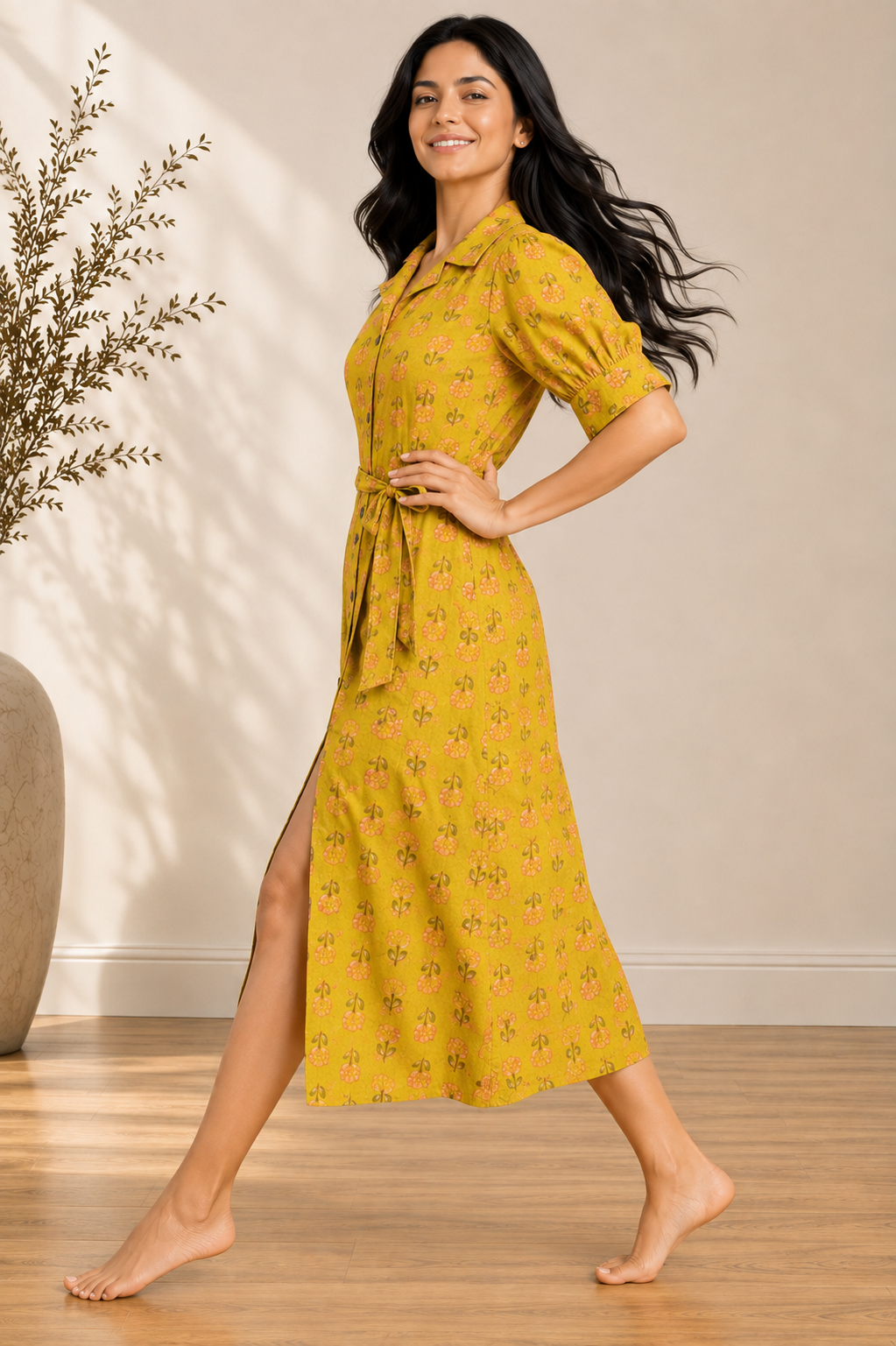 Yellow Block Print Cotton A-Line Midi Dress