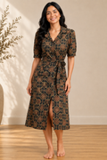 Black Pure Cotton Bagru Print A-Line Midi Dress