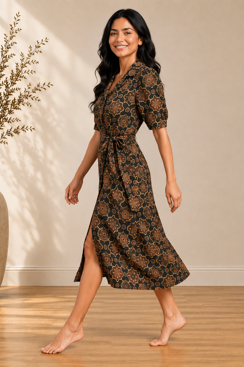 Black Pure Cotton Bagru Print A-Line Midi Dress