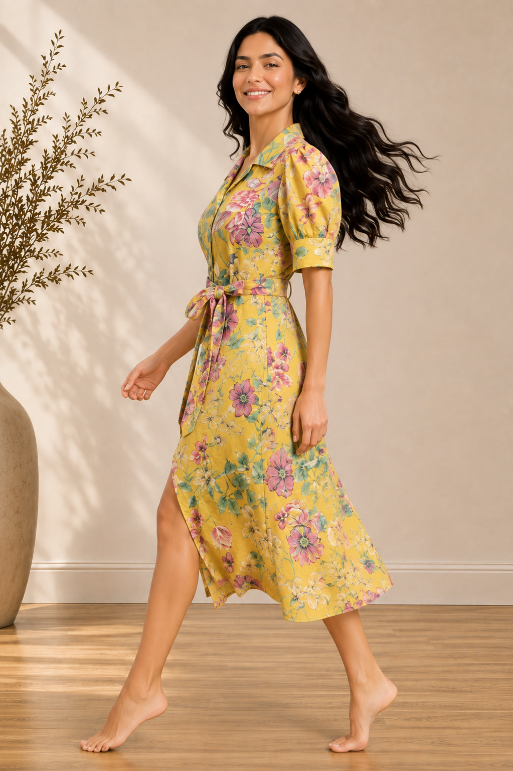 Yellow Floral Cotton Midi Dress