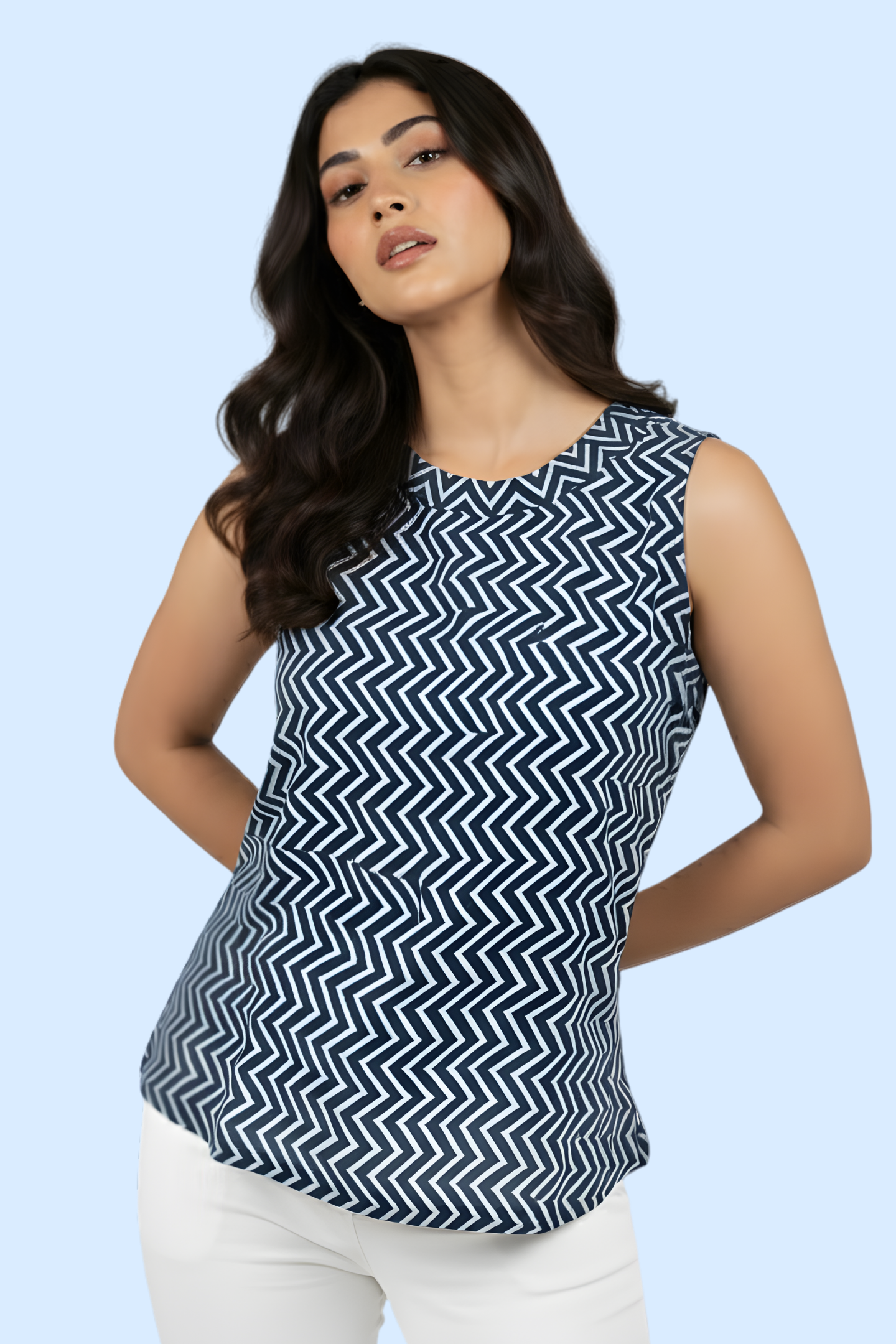 Authentic Indigo Chevron Print Cotton Sleeveless Top