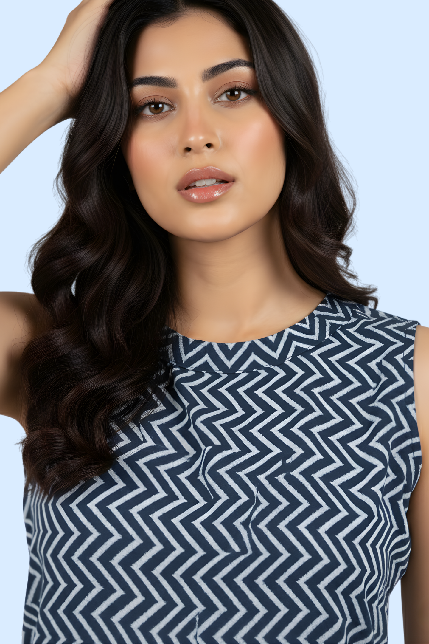 Authentic Indigo Chevron Print Cotton Sleeveless Top