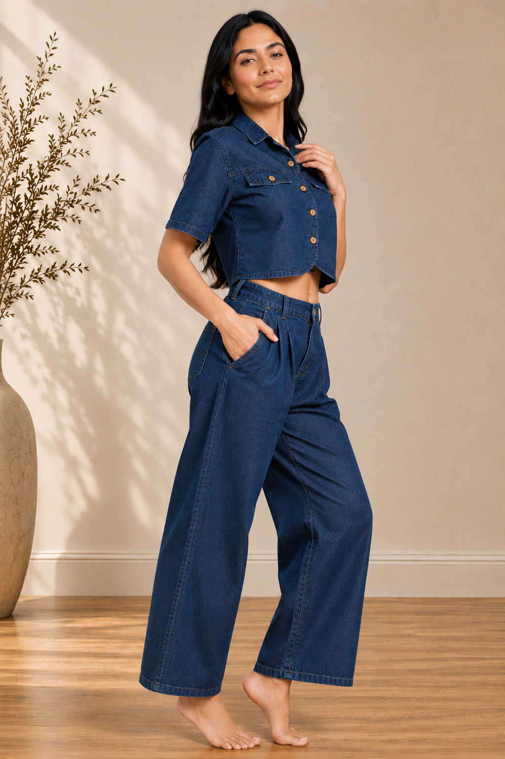 Indigo Denim Crop Shirt & Pant Co-ord