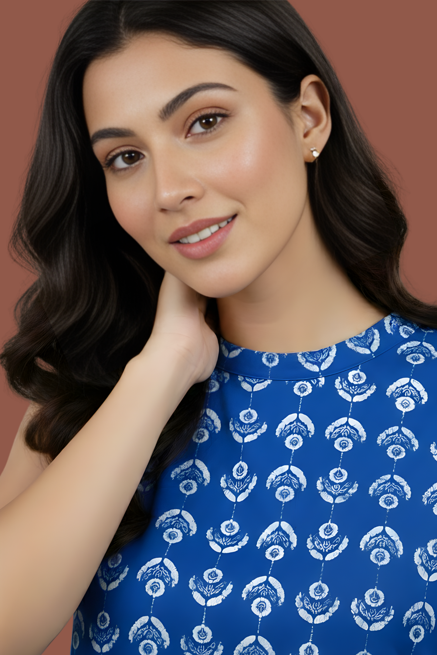 Indigo Hand Block Print Cotton Straight-Cut Top with Bandh-Gala Collar