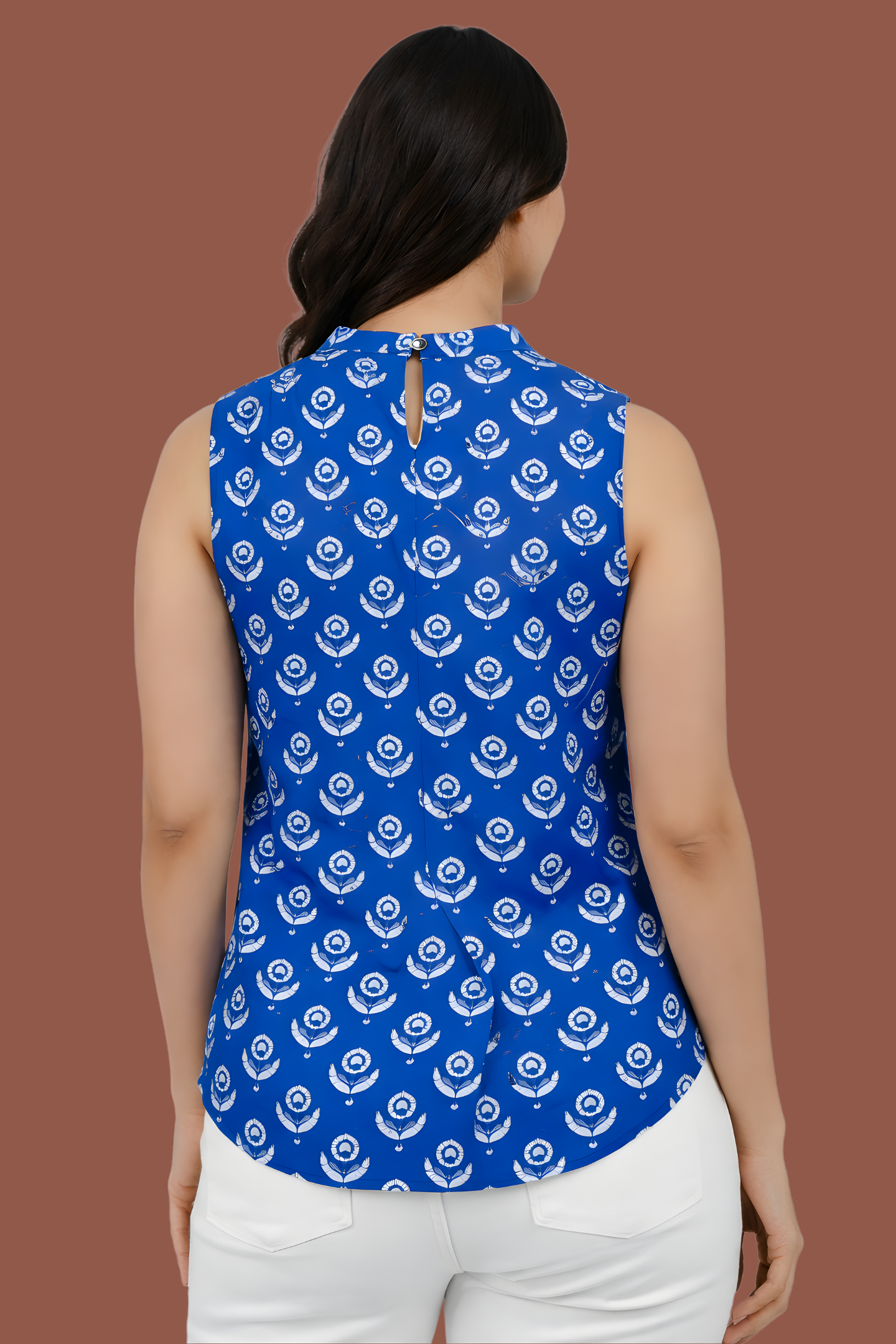 Indigo Hand Block Print Cotton Straight-Cut Top with Bandh-Gala Collar