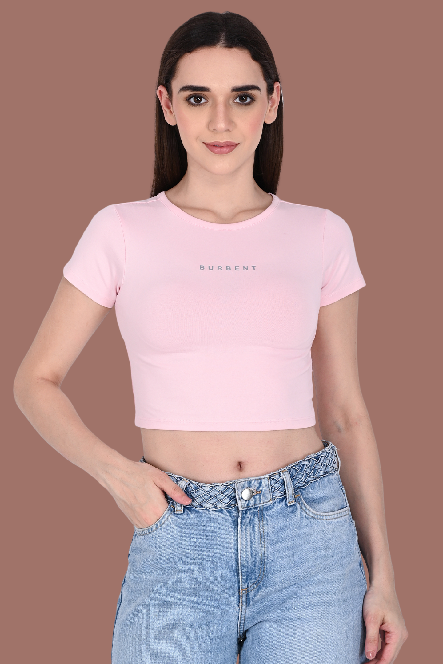 Baby Pink Fitted Crop Tee for Women